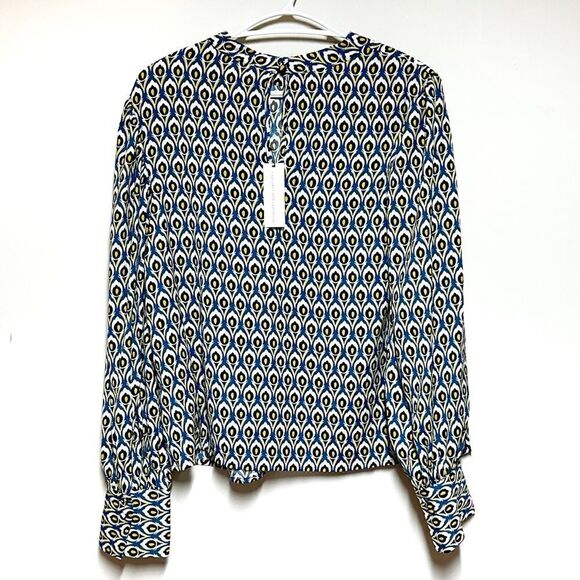 NWT Cupcakes and Cashmere Blue Yellow White Blouse Top Sz L - Picture 2 of 7